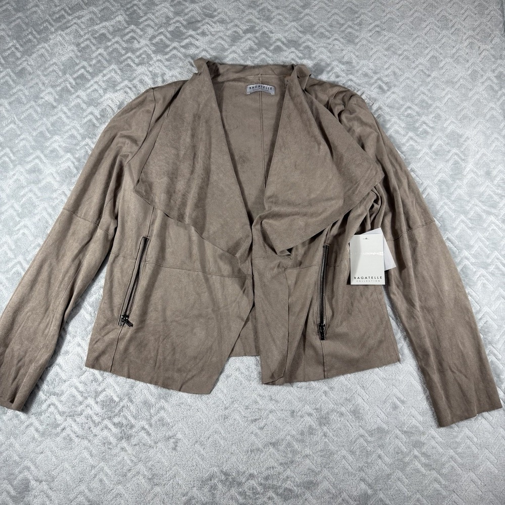 Bagatelle Women's Drape Front Faux Suede Jacket Size Large Camel Brown NWT